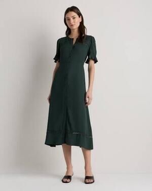 Quince Lightweight Crepe Lace Inset Midi Dress Forest Green Small New